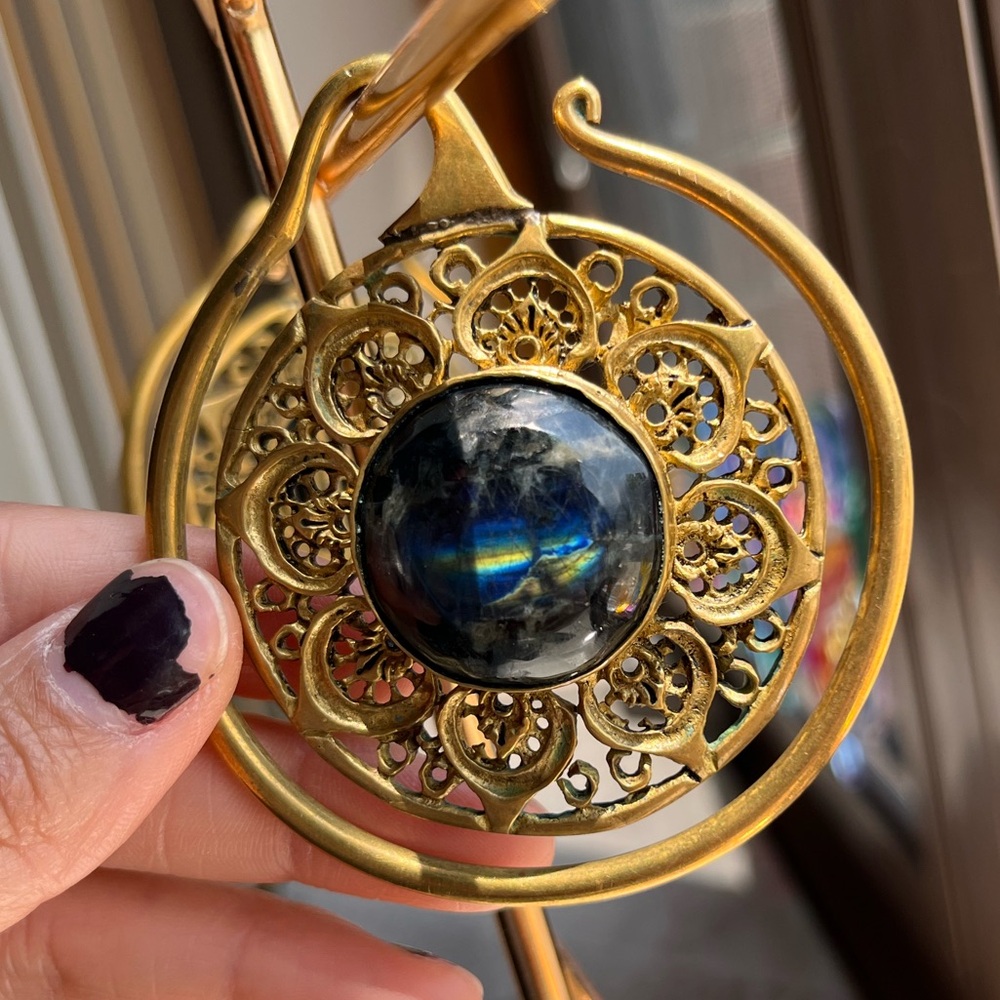Oracle Body Jewelry Brass Ear Weights Labradorite Inlay - Picture 3 of 11